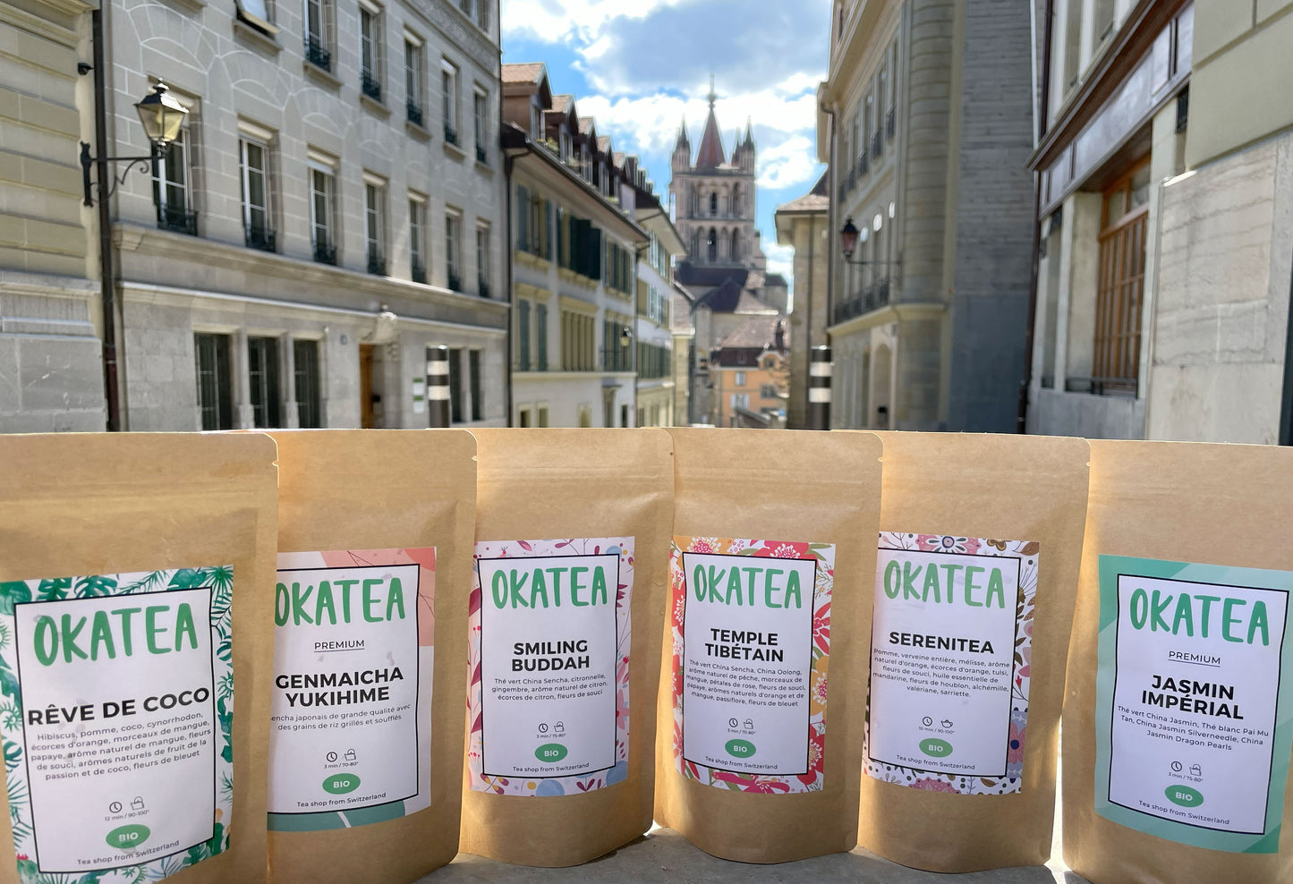 Sachet de thé artisanal Okatea – thé suisse haut de gamme fabriqué à Lausanne